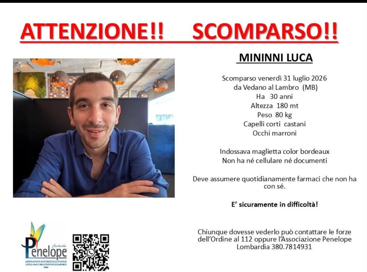 Sparizione di Luca Mininni: apprensione a Vedano al Lambro